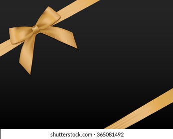 Gold Bow with ribbons. Shiny holiday gold satin ribbon on black background. Gift coupon, voucher, card template. Vector illustration.