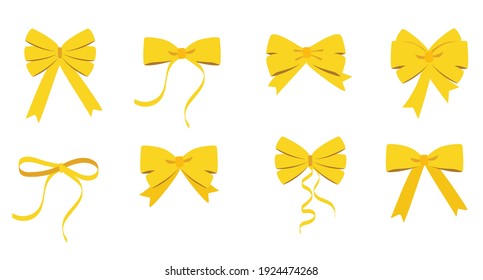 Gold bow set. Cartoon vector yellow ribbons satin bows for xmas gifts, present cards and luxury wrap pack 