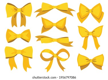 Gold bow set. Cartoon vector yellow luxury design elements of wrap pack. Satin bows with ribbons isolated on white background
