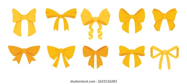 Gold bow set. Cartoon vector yellow ribbons satin bows for xmas gifts, present cards and luxury wrap pack isolated on white background for your design