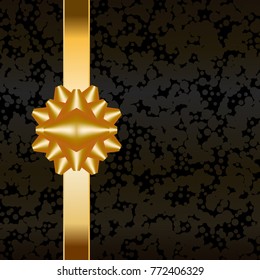 Gold bow and sparkles on a black background. Brilliant and radiant background. A glittering background. Greeting card. Banner of black color.