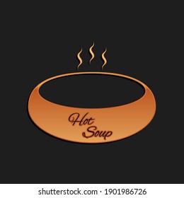Gold Bowl of hot soup icon isolated on black background. Long shadow style. Vector.