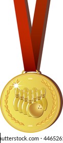 Gold bowling medal with red ribbon