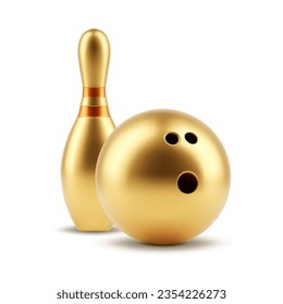 Gold bowling pin and ball isolated on white background. EPS10 vector