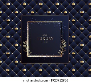 Gold box design. Gold Crown. Design patterns. Place for text. For logo, packaging, luxury design. For perfume, soap, wine, lotion, chocolate. Gold on a blue background. Vector illustration