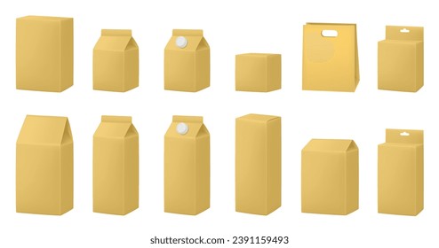 Gold boxes for dairy products. Blank cardboard package boxes mockup. Box set. Set of juice or milk cardboard package. Vector mockup set. Realistic carton package with cap. Hanging hole. Shopping bag