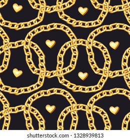 Gold bracelets  seamless pattern. Golden chains, hearts on black background. Flat hand drawn jewelry texture. Fashion accessories realistic illustration. Luxury wrapping paper, textile design