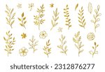Gold branch leaf element set. Hand drawn sketch doodle golden leaves floral element for wedding background, elegant design. Vector illustration.