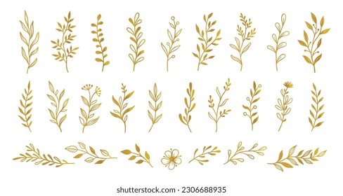 Gold branch leaf element set. Hand drawn sketch doodle golden leaves floral element for wedding background, elegant design. Vector illustration.