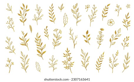 Gold branch leaf element set. Hand drawn sketch doodle golden leaves floral element for wedding background, elegant design. Vector illustration.