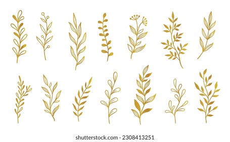 Gold branch leaf element set. Hand drawn sketch doodle golden leaves floral element for wedding background, elegant design. Vector illustration.