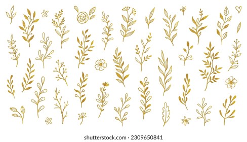 Gold branch leaf element set. Hand drawn sketch doodle golden leaves floral element for wedding background, elegant design. Vector illustration.