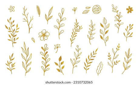 Gold branch leaf element set. Hand drawn sketch doodle golden leaves floral element for wedding background, elegant design. Vector illustration.