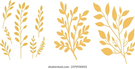 Gold branch leaf element set on a transparent background, Flat Vector Illustration	
