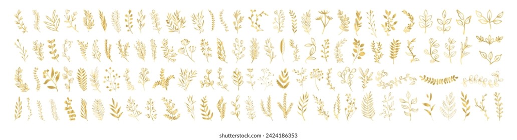 Gold branch leaf element set. Golden leaves floral element for wedding background, elegant design
