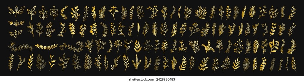 Blattgold-Satz. Goldene Blätter Blumenelement für Hochzeits-Hintergrund, elegantes Design