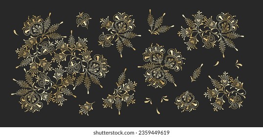 Gold branches abstract flowers pattern. Luxury plants decorative. Vector drawing. Collection of design elements.