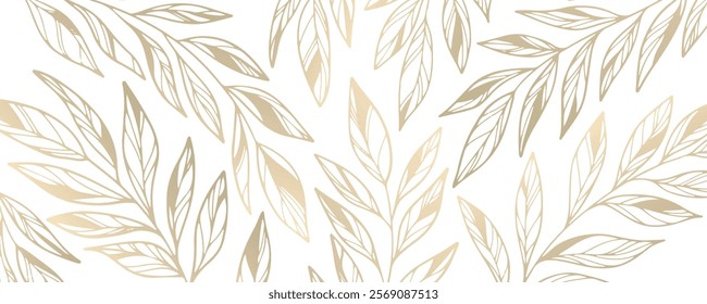 Gold branches with leaves on transparent background, line art plant foliage illustration. Vintage ornament in one line style