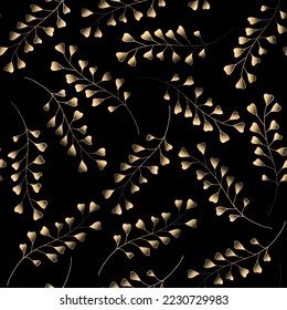 Gold branches on black background seamless pattern. Hand drawn botanic elements. Vector art