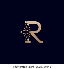 gold brand logo design with lotus flower letter R