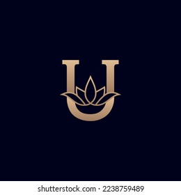 gold brand logo design with lotus flower letter U