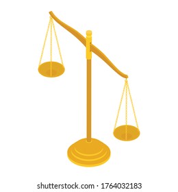 Gold brass balance scale isolated on white background. Sign of justice, lawyer. Isometric view. Vector