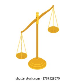 Gold Brass Balance Scale Isolated On White Background. Sign Of Justice, Lawyer. Isometric View. Vector