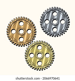 Gold, brass, copper, steel gears in retro style. Good for decoration in steampunk style. Vector.