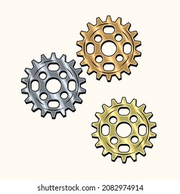 Gold, brass, copper, steel gears in retro style. Good for decoration in steampunk style. Vector.