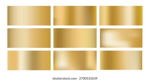 Gold brass gradients set, vector golden background. Metal gradation, horizontal illustration. Shiny chrome texture, steel surface, polished sheet