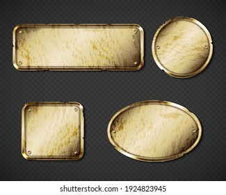 Gold or brass old plates, golden shabby name plaques with gaps empty mockup. Metal dirty identification tags, badges round, oval and rectangular frames for nameplate with grime realistic 3d vector set