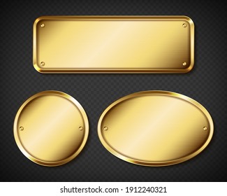Gold or brass plates, golden name plaques empty mockup. Metal identification tags or badges, round, oval and rectangular frame for nameplate isolated on transparent background, realistic 3d vector set