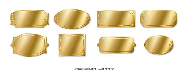 Gold or brass plates, golden name plaques mockup. Metal identification tags or badges, round, oval and rectangular frame for nameplate isolated on white background. Realistic 3d vector illustration svg