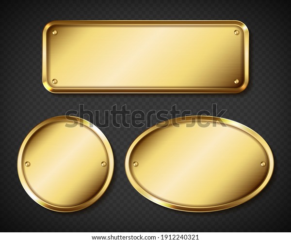 金や真鍮の皿 金のネームプレートがモックアップ 透明な背景に金属識別タグまたはバッジ 丸い 楕円 長方形のフレーム リアルな3dベクトルセット のベクター画像素材 ロイヤリティフリー