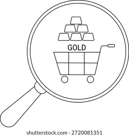 Ladrillos de oro cargados en un Carrito bajo una lupa con la palabra ORO arriba