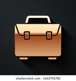 Gold Briefcase icon isolated on black background. Business case sign. Business portfolio. Long shadow style. Vector Illustration