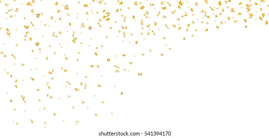 Gold bright confetti on white Christmas background. Golden decoration glitter abstract design of Happy New Year card, greeting, Xmas holiday celebrate banner. Space effect. Vector illustration