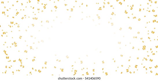 Gold bright confetti on white Christmas background. Golden decoration glitter abstract design of Happy New Year card, greeting, Xmas holiday celebrate banner. Space effect. Vector illustration