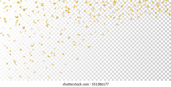 Gold bright confetti on white transparent Christmas background. Golden decoration glitter abstract design of Happy New Year card, greeting, Xmas holiday celebrate banner. Vector illustration