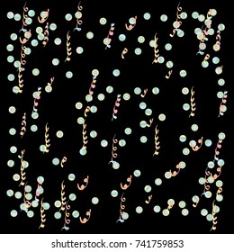 Gold bright Confetti and serpentine set, bright colorful background, cute and fun decoration.Vector illustration for celebration, party, festive, holiday.Black background.Design for cards,invitations 
