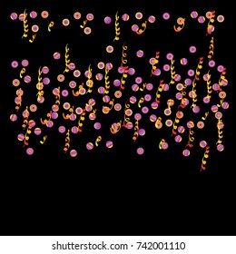 Gold bright Confetti and serpentine set, bright colorful background, cute and fun decoration.Vector illustration for celebration, party, festive, holiday.Black background.Design for cards,invitations 