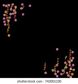 Gold bright Confetti and serpentine set, bright colorful background, cute and fun decoration.Vector illustration for celebration, party, festive, holiday.Black background.Design for cards,invitations 