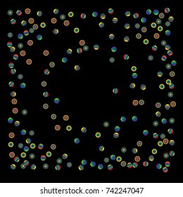 Gold bright Confetti and serpentine set, bright colorful background, cute and fun decoration. Vector illustration for celebration. Astral Design. Black background. Design for cards, invitations 