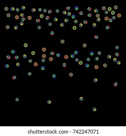Gold bright Confetti and serpentine set, bright colorful background, cute and fun decoration. Vector illustration for celebration. Astral Design. Black background. Design for cards, invitations 