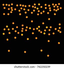 Gold bright Confetti and serpentine set, bright colorful background, cute and fun decoration. Vector illustration for celebration. Astral Design. Black background. 