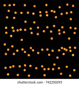 Gold bright Confetti and serpentine set, bright colorful background, cute and fun decoration. Vector illustration for celebration. Astral Design. Black background. 