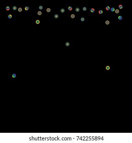 Gold bright Confetti and serpentine set, bright colorful background, cute and fun decoration. Vector illustration for celebration, party, festive, holiday. Astral Design. Black background.