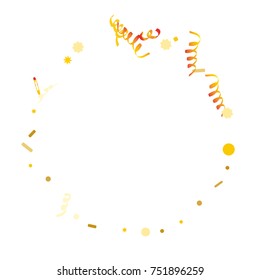 Gold bright Confetti and serpentine set, bright colorful background, cute and fun decoration. Vector illustration for celebration, party, festive, holiday. Design for cards, invitations 