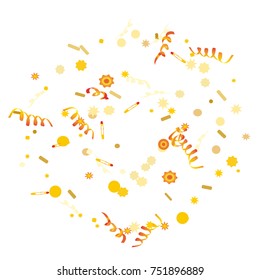 Gold bright Confetti and serpentine set, bright colorful background, cute and fun decoration. Vector illustration for celebration, party, festive, holiday. Design for cards, invitations 