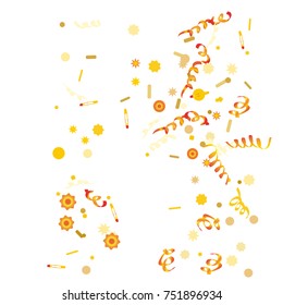 Gold bright Confetti and serpentine set, bright colorful background, cute and fun decoration. Vector illustration for celebration, party, festive, holiday. Design for cards, invitations 